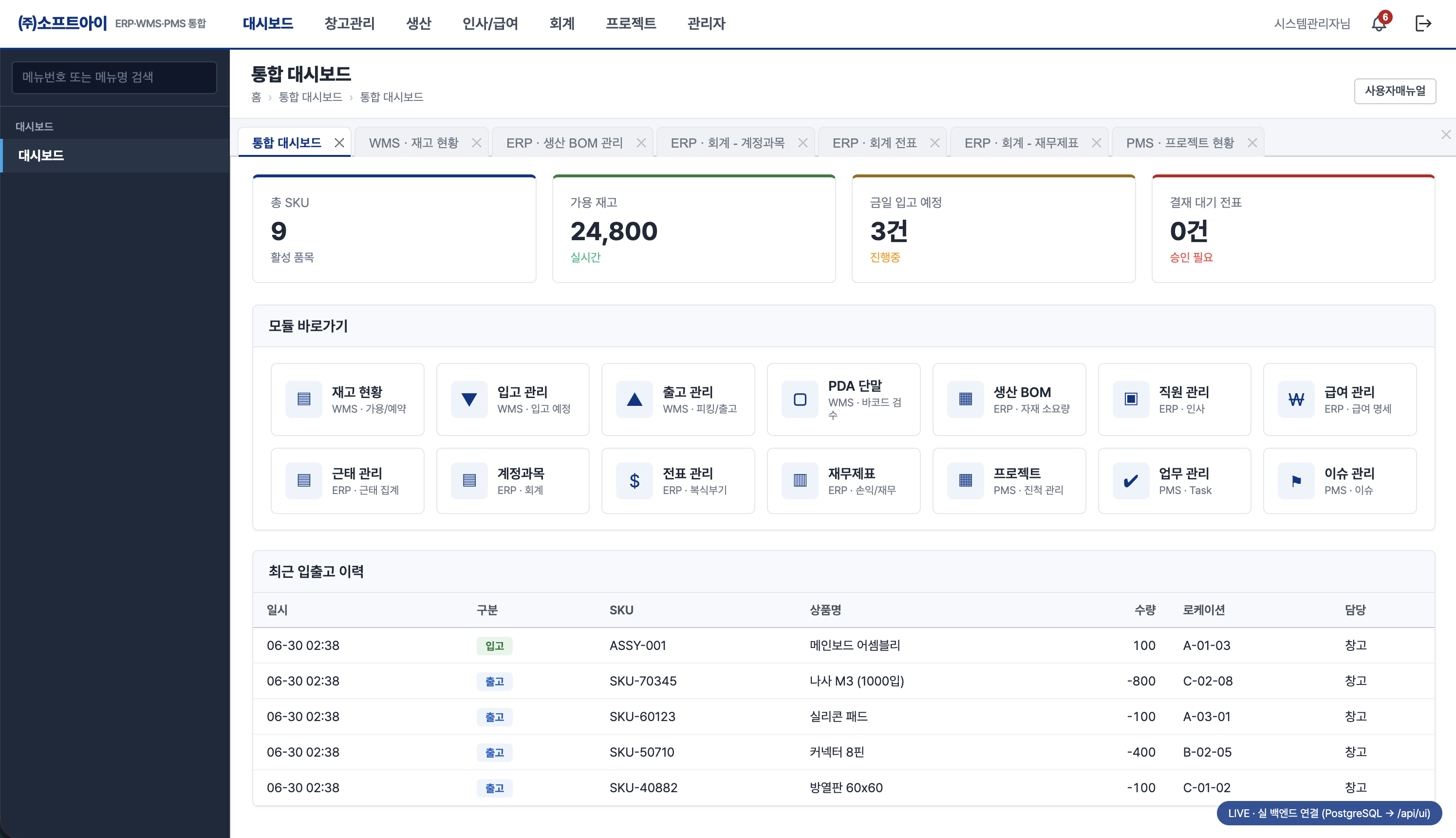 통합 대시보드 화면